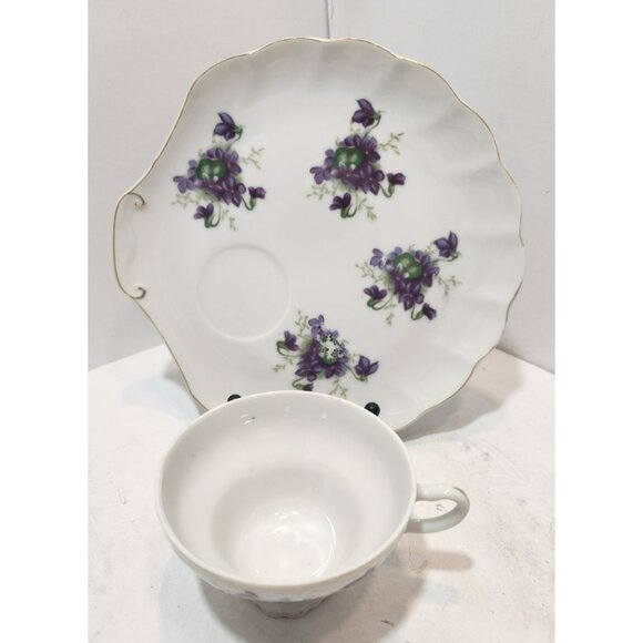 4 Mid Century Modern Shell Shaped Violets Bone China Luncheon Plates And Teacups - Picture 4 of 11